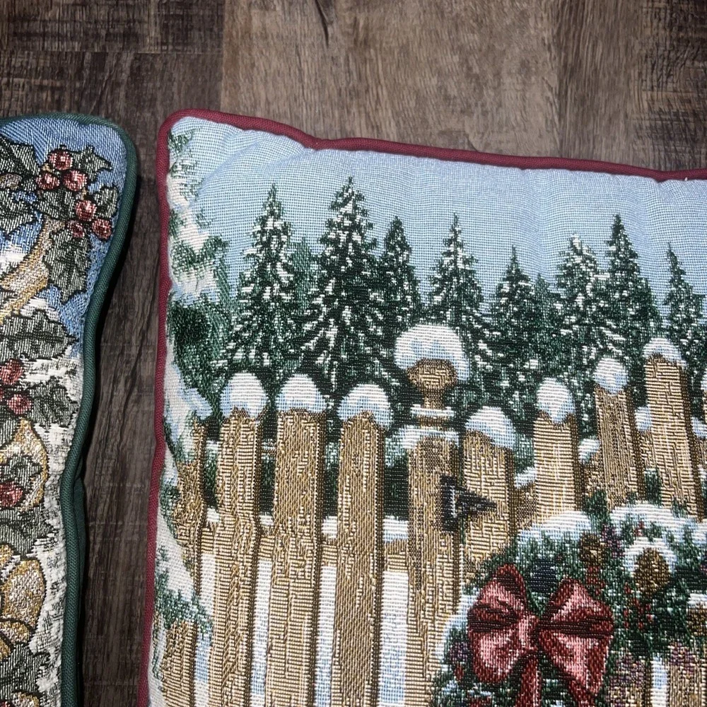 2 Tapestry Christmas Throw Pillows Snowman And Winter Scene